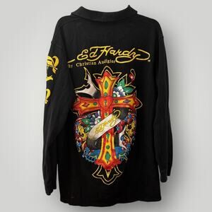 Vintage Ed Hardy Christian Audigier Long Sleeve Polo Shirt 3XL fits like XL Y2K